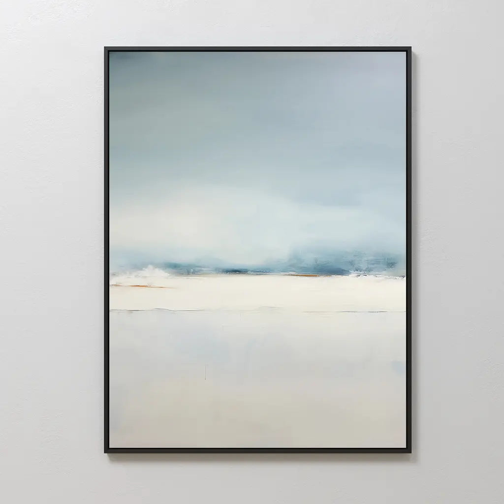 Misty Morning Canvas Art – Vertical features a tranquil scene with soft, muted tones of misty blue sky fading into white and pale beige, a thin dusky horizon, and comes framed in black—perfect for minimalist spaces.