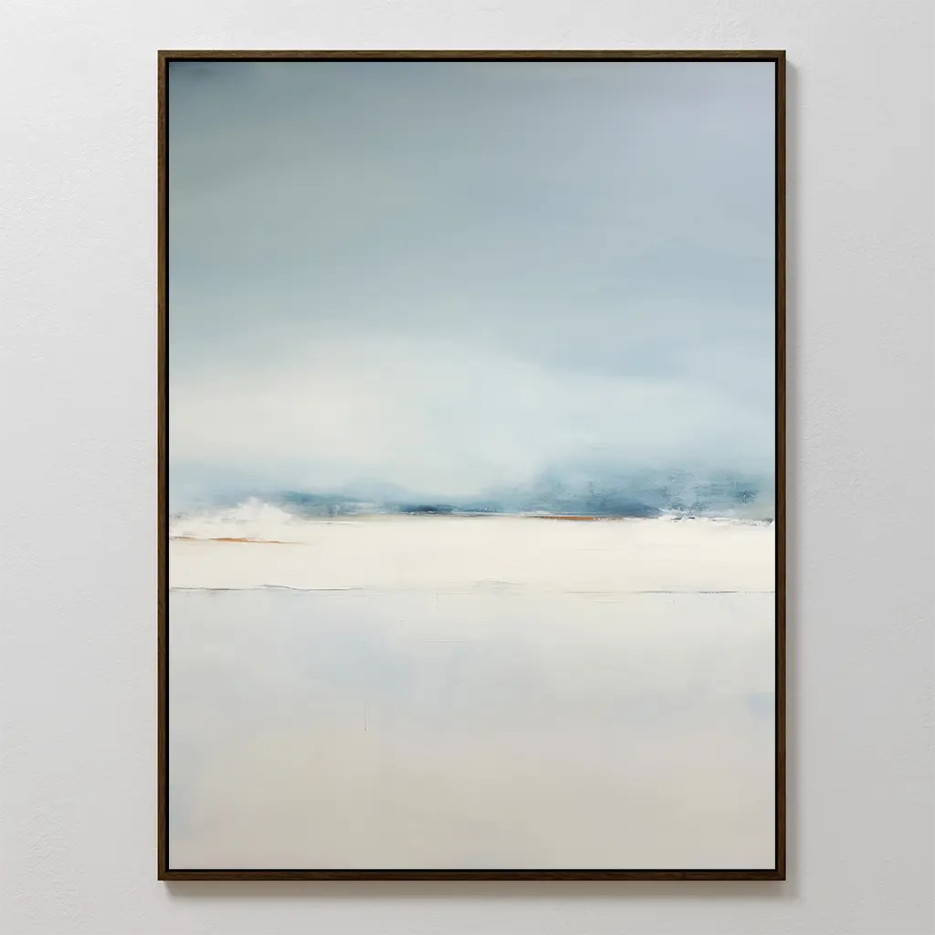 Misty Morning Canvas Art – Vertical features minimalist blue and white gradients, creating a tranquil, Nordic-inspired vibe. This abstract piece comes framed in a slim dark frame, perfect for bright walls and serene spaces.