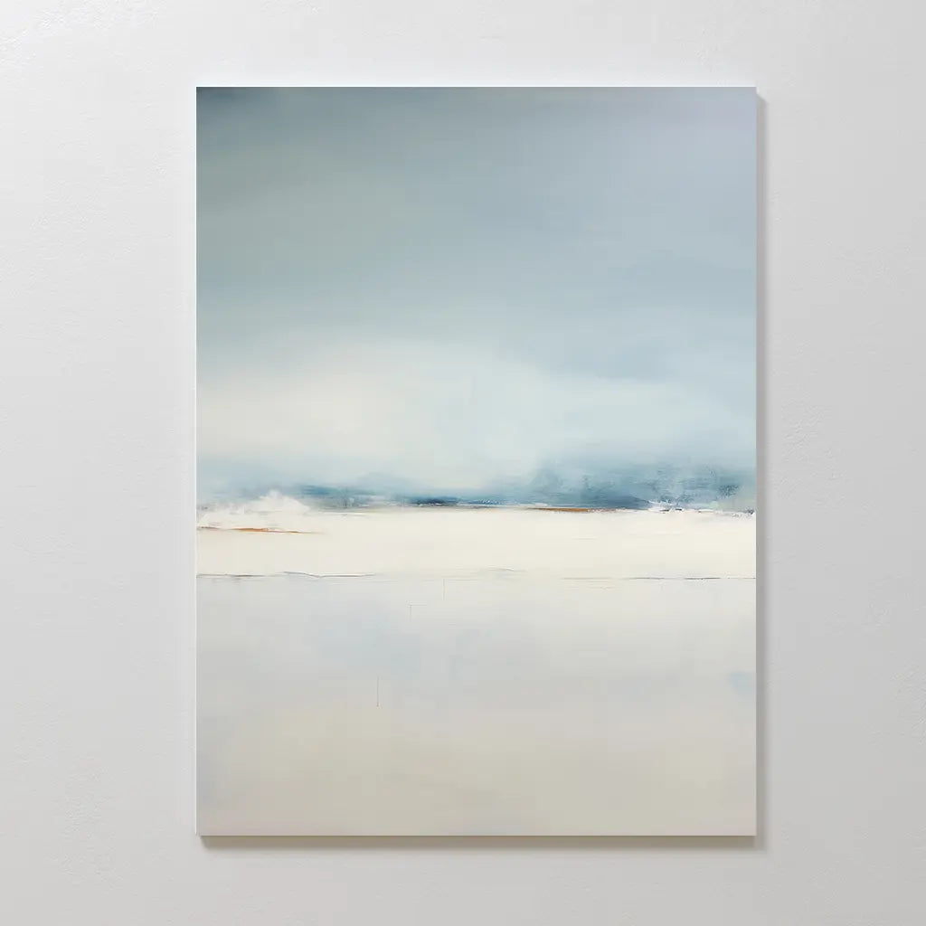 Misty Morning Canvas Art – Vertical features soft blue, gray, and white tones in an abstract design, evoking a tranquil atmosphere reminiscent of a misty seascape—perfect for adding serene Nordic Park vibes to your space.