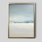 The Misty Morning Canvas Art – Vertical features soft blue and white tones reminiscent of a calm sky above a light horizon, framed in gold for a touch of elegance and Nordic serenity, perfect for enhancing any neutral wall.