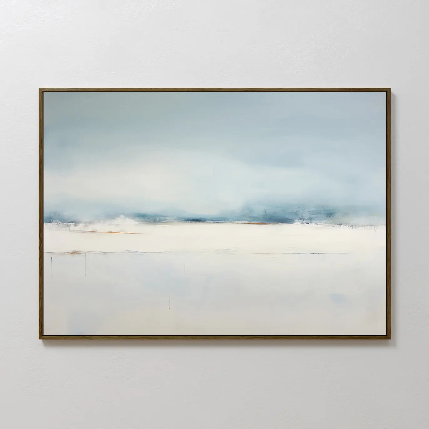 The Misty Morning Canvas Art – Horizontal features soft blue and white tones with a hazy, cloud-like effect and minimal lines, making it perfect minimalist wall art for any space.
