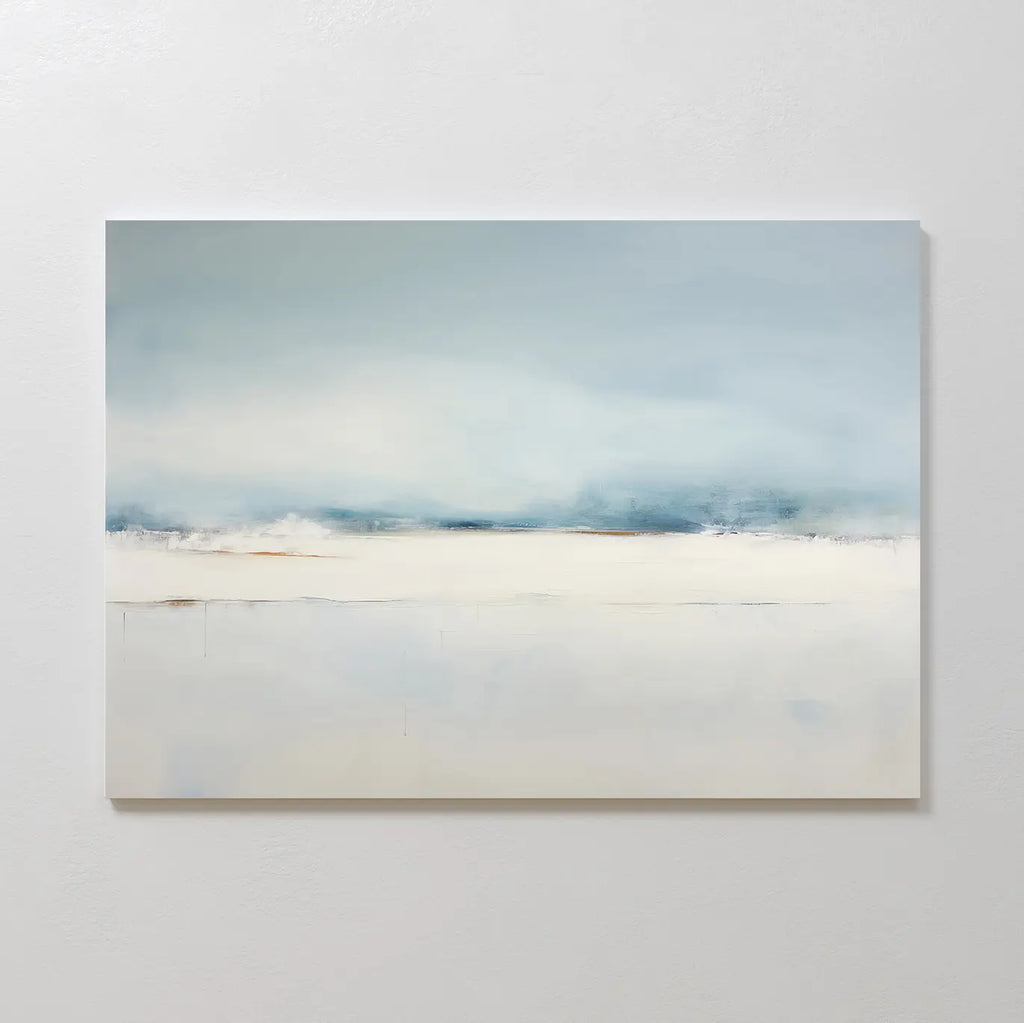 The Misty Morning Canvas Art – Horizontal features soft blue and white tones that evoke a serene, misty landscape—perfect for adding a tranquil, coastal-inspired touch to your space.