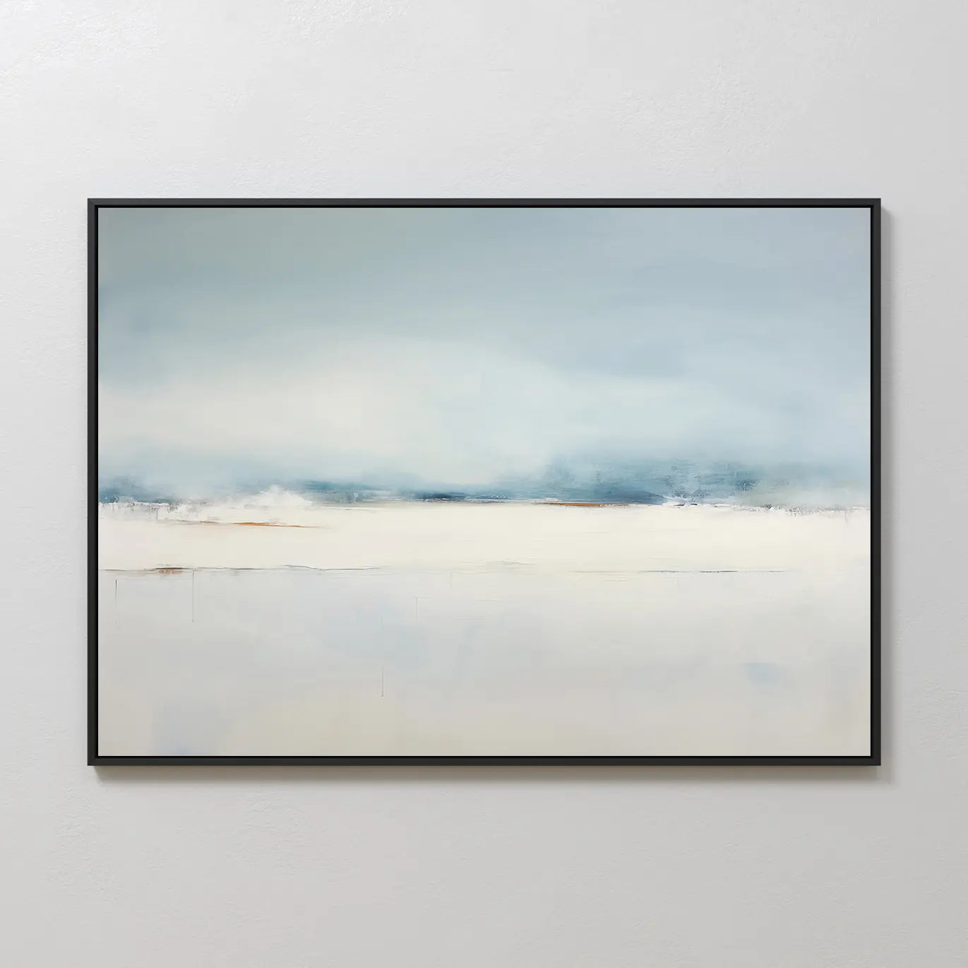 The Misty Morning Canvas Art – Horizontal features a minimalist abstract design with soft blue, white, and beige gradients, evoking a misty horizon—ideal for adding serene coastal style to your space.