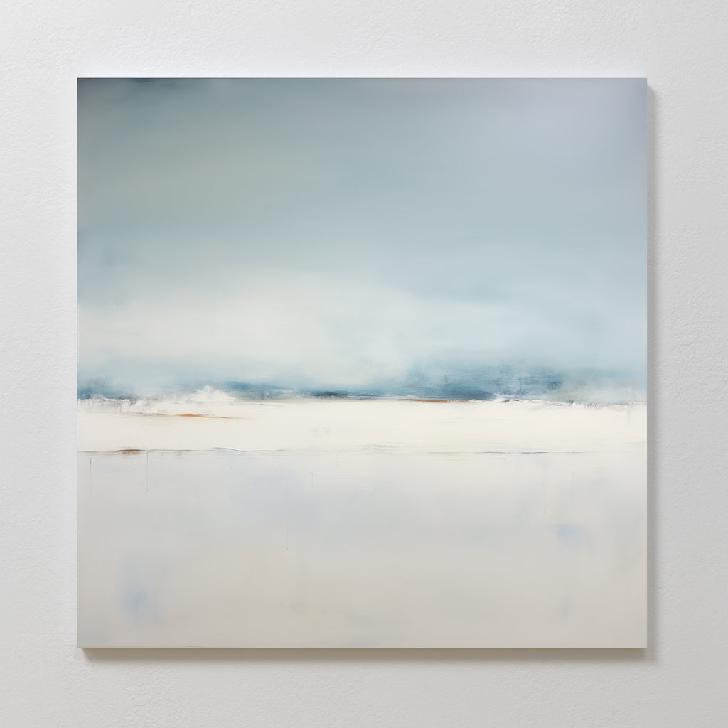 The Misty Morning Abstract Canvas Art features soft gradients of blue, white, and pale gray, evoking a calm sky over a serene landscape—perfect wall decor with gentle, blurred transitions for a neutral home.