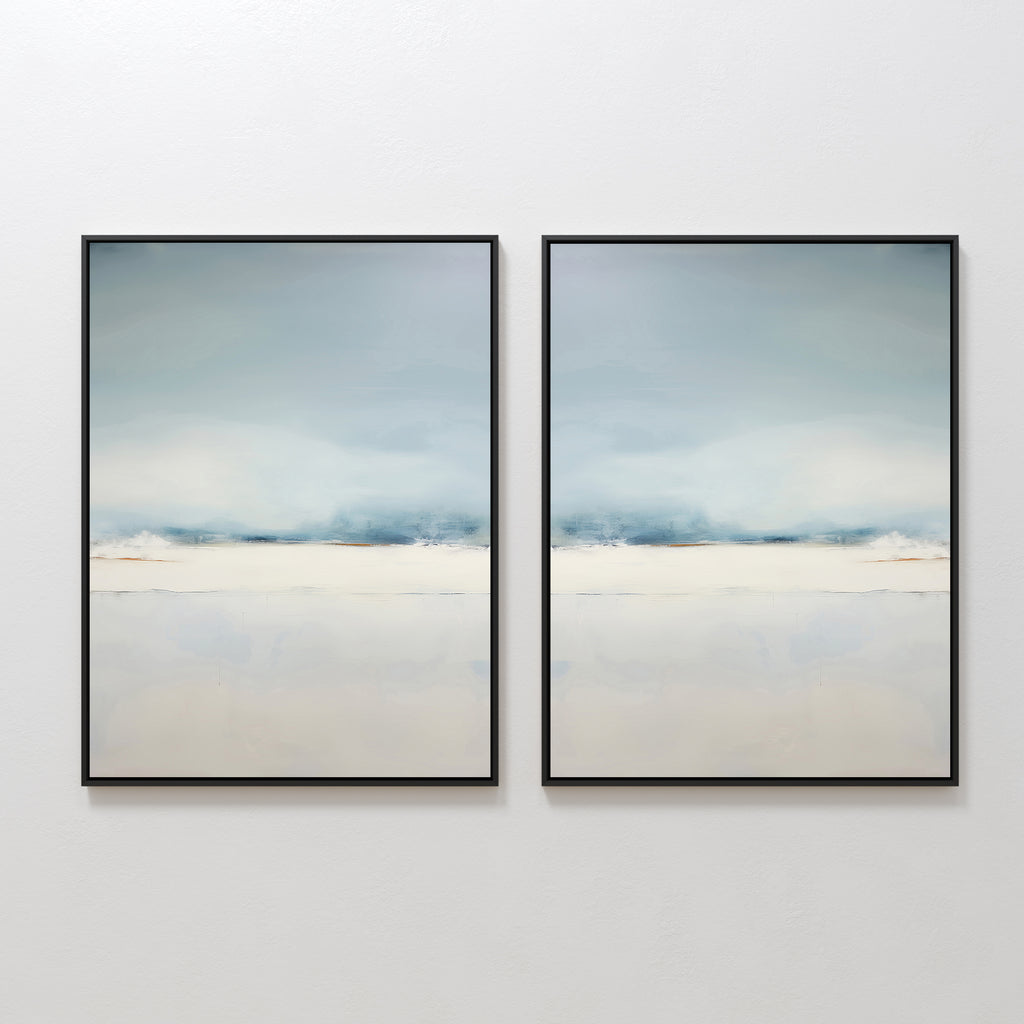 The Misty Morning Set of 2 features framed Nordic Park abstract prints in soft blue, white, and beige, displayed side by side on a white wall for a minimalist look that creates a tranquil atmosphere.