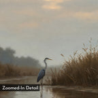 Misty Reflection Canvas Art shows a heron in shallow water at sunrise by tall grasses under a misty sky. Muted colors and painterly style make it ideal wall art for neutral decor. “Zoomed-In Detail” text appears in the bottom left corner.