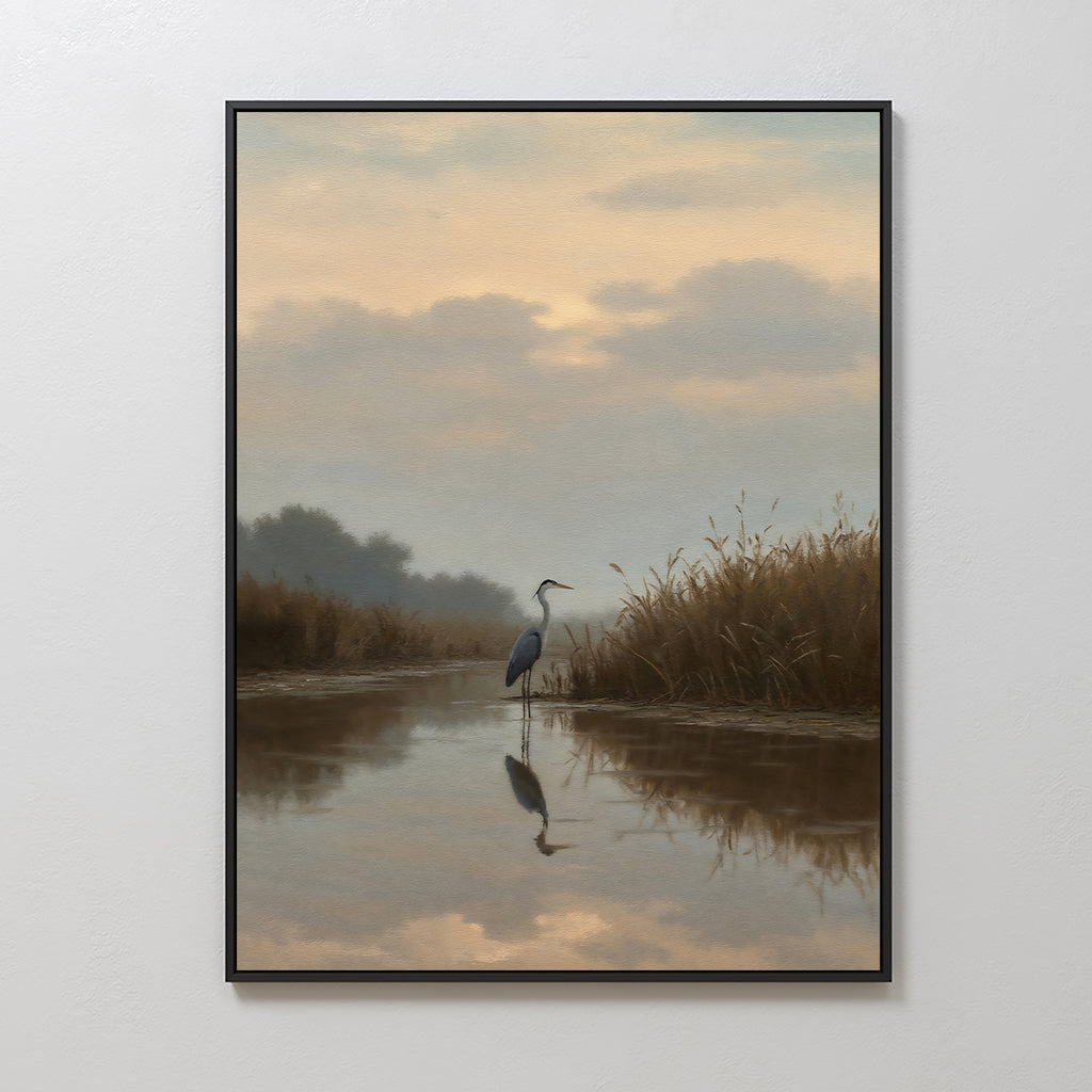 The Misty Reflection Canvas Art features a serene heron in shallow water at sunrise or sunset, with tall grasses and soft clouds mirrored in calm water—perfect peaceful wall decor for tranquil spaces.