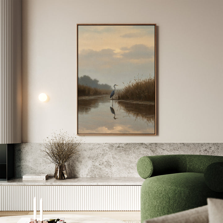 The Misty Reflection Canvas Art hangs above a marble bench with dried flowers, bringing serene elegance and peaceful style to a modern, minimalist living room.