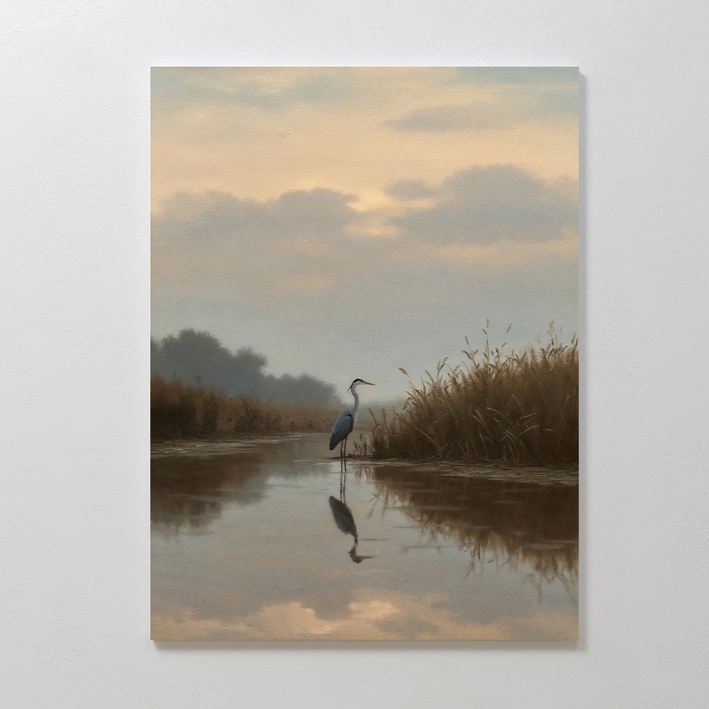 The Misty Reflection Canvas Art features a heron in shallow water at sunrise, surrounded by tall grasses and soft clouds—an ideal Nordic wall art piece to add tranquil beauty and calm reflections to any space.