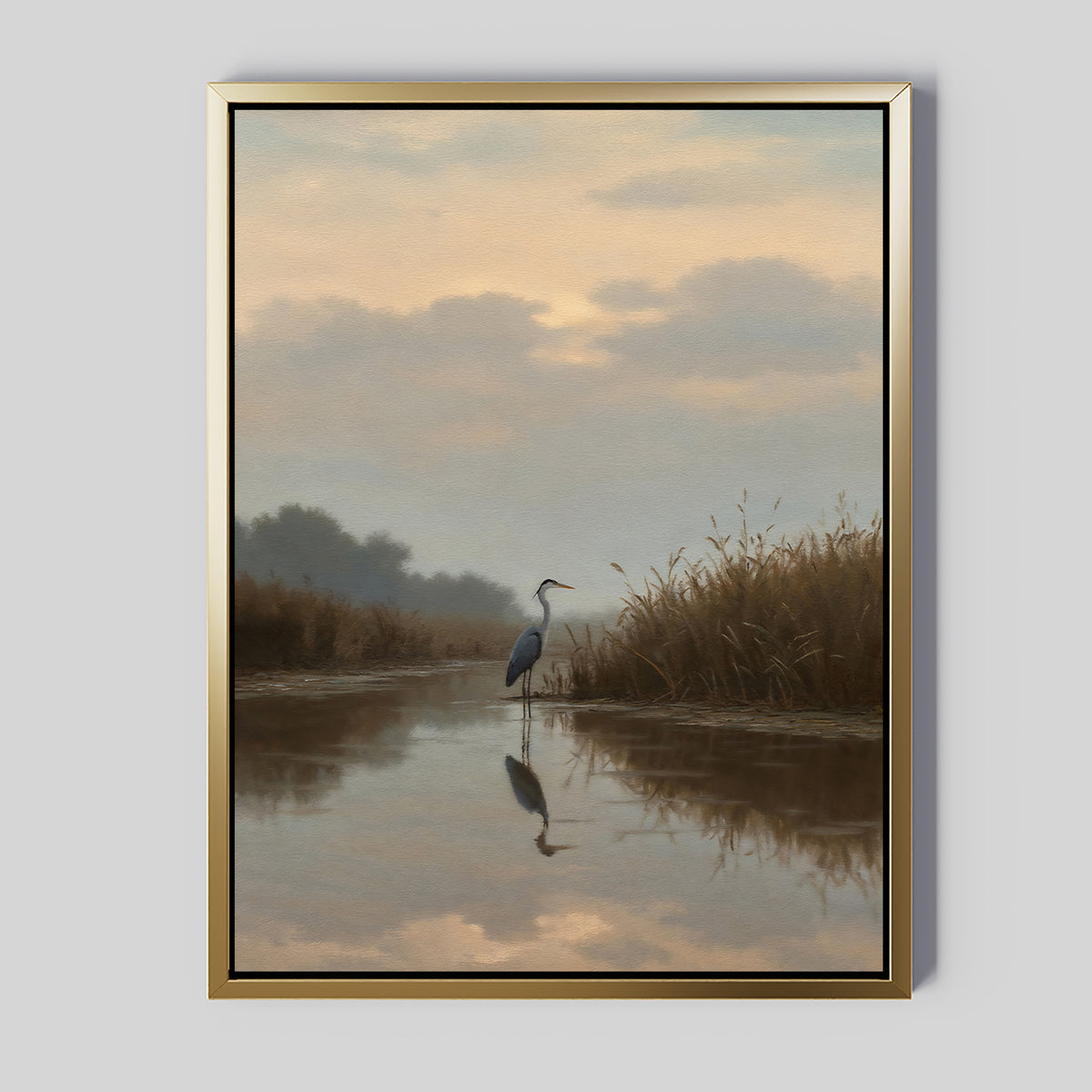 The Misty Reflection Canvas Art depicts a heron standing in shallow water at sunset, surrounded by tall grasses, its reflection visible in the tranquil wetland scene.