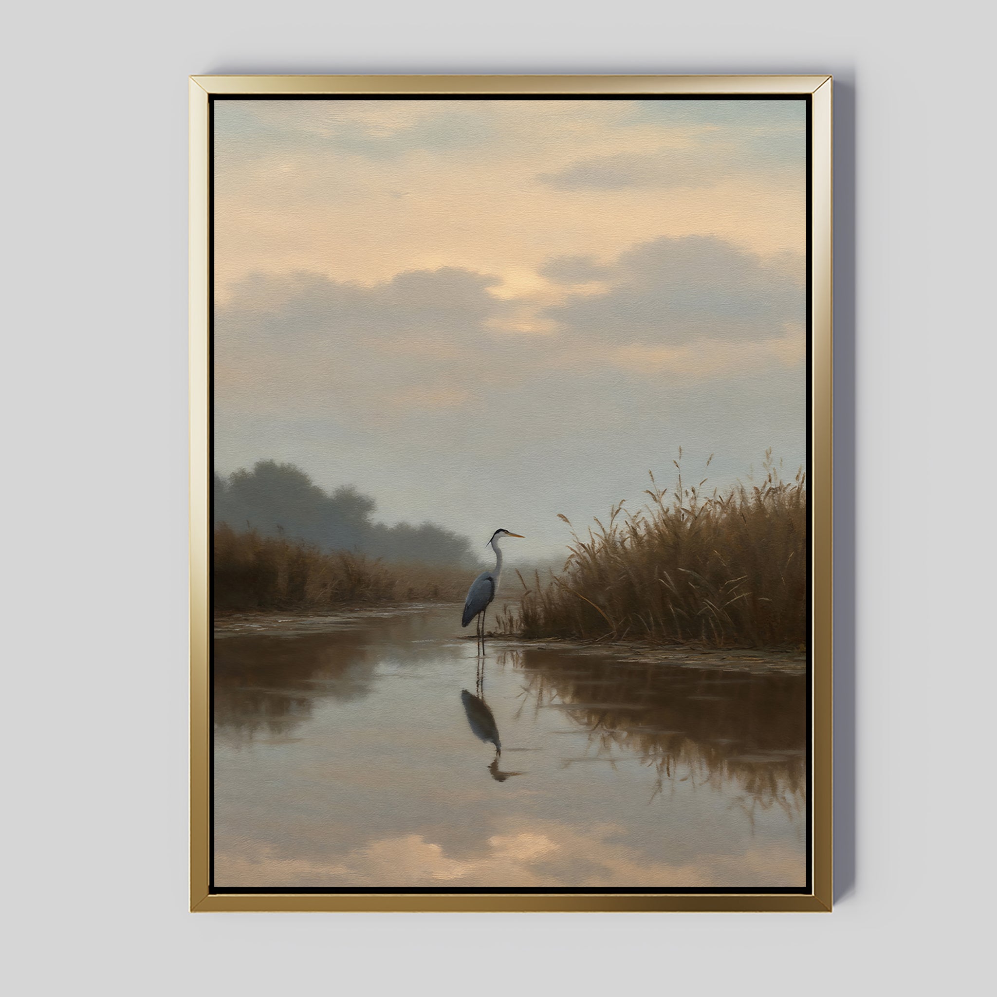 The Misty Reflection Canvas Art depicts a heron standing in shallow water at sunset, surrounded by tall grasses, its reflection visible in the tranquil wetland scene.