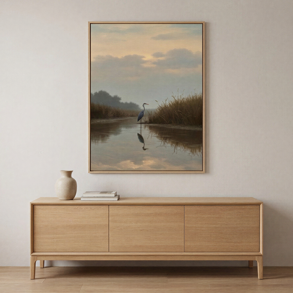 A minimalist room with a light wood sideboard, ceramic vase, and books. Above, Misty Reflection Canvas Art—a framed heron by calm water at sunset—complements the serene, neutral aesthetic.