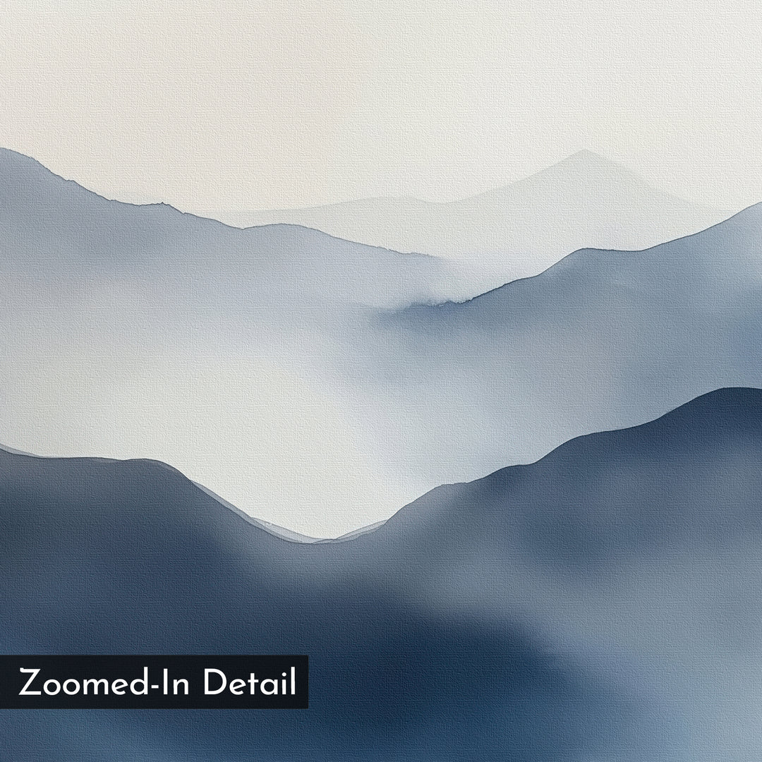 Misty Ridge Canvas Art – Horizontal features a watercolor-style minimalist landscape of soft blue mountains fading into a pale sky, on canvas-textured material. Bottom left corner displays a black "Zoomed-In Detail" label. Ideal for abstract wall decor.