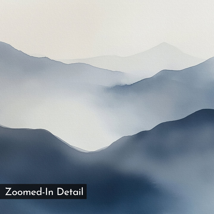 Misty Ridge Canvas Art – Horizontal features a watercolor-style minimalist landscape of soft blue mountains fading into a pale sky, on canvas-textured material. Bottom left corner displays a black "Zoomed-In Detail" label. Ideal for abstract wall decor.