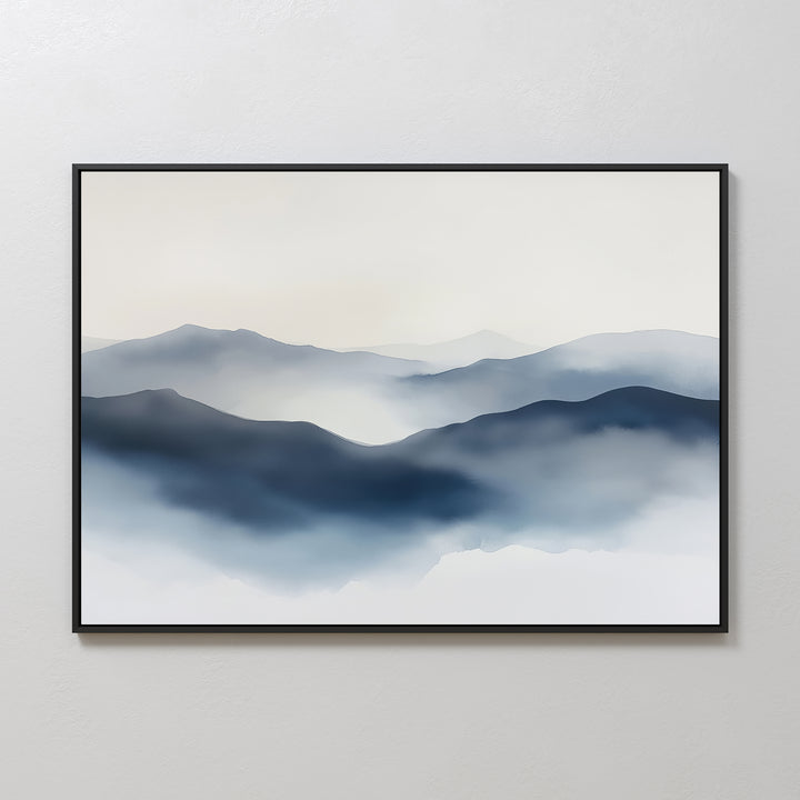 The Misty Ridge Canvas Art – Horizontal features a minimalist landscape of layered blue and gray mountains with a soft, misty gradient—ideal abstract wall art for adding modern elegance to any room.