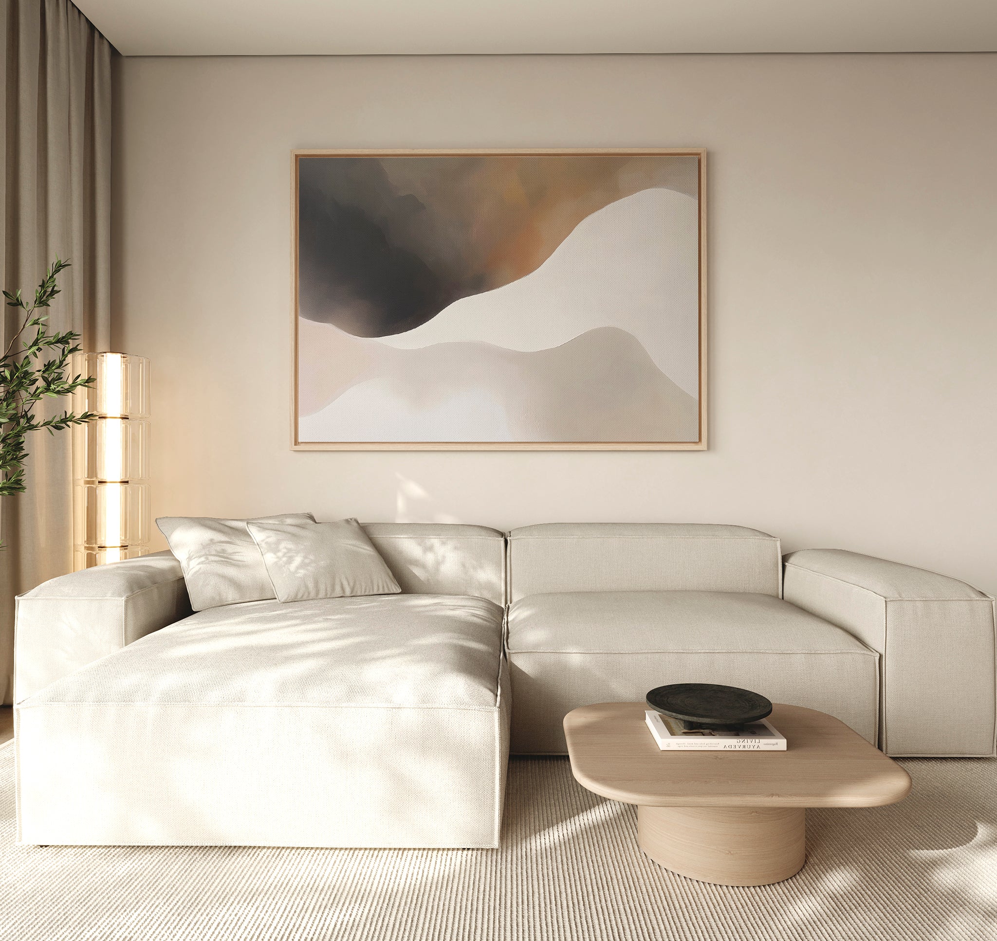 A modern living room with a light beige sectional, wood coffee table with black bowl and books, beige curtains, a tall plant in the corner, and Misty Silhouette Canvas Art – Horizontal as the focal point for refined decor.