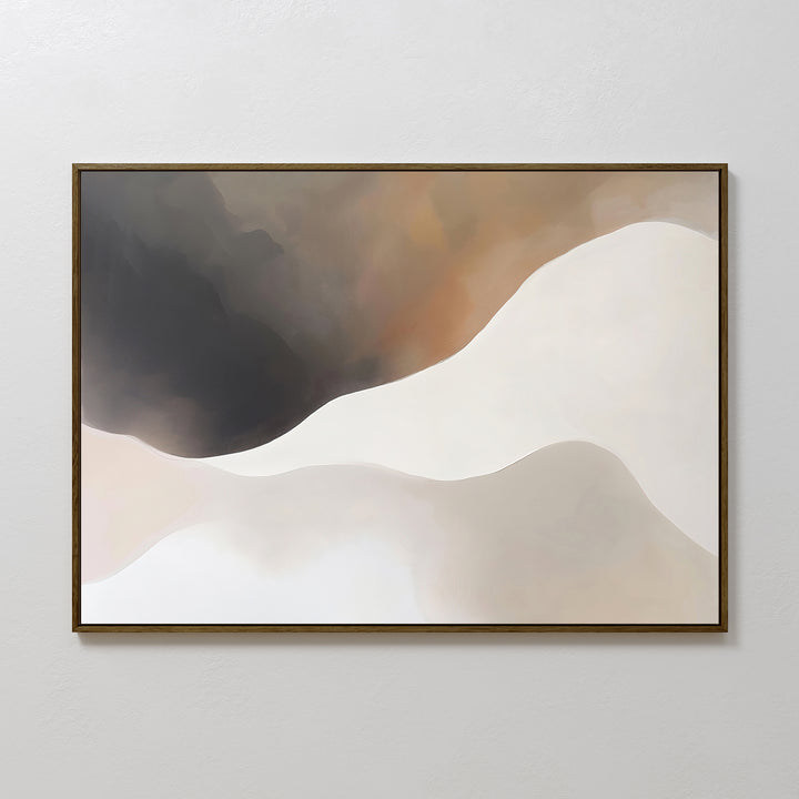 The Misty Silhouette Canvas Art – Horizontal features flowing, wavy shapes in beige, white, brown, and dark gray with a thin brown frame—ideal minimalist wall art for modern living room decor.
