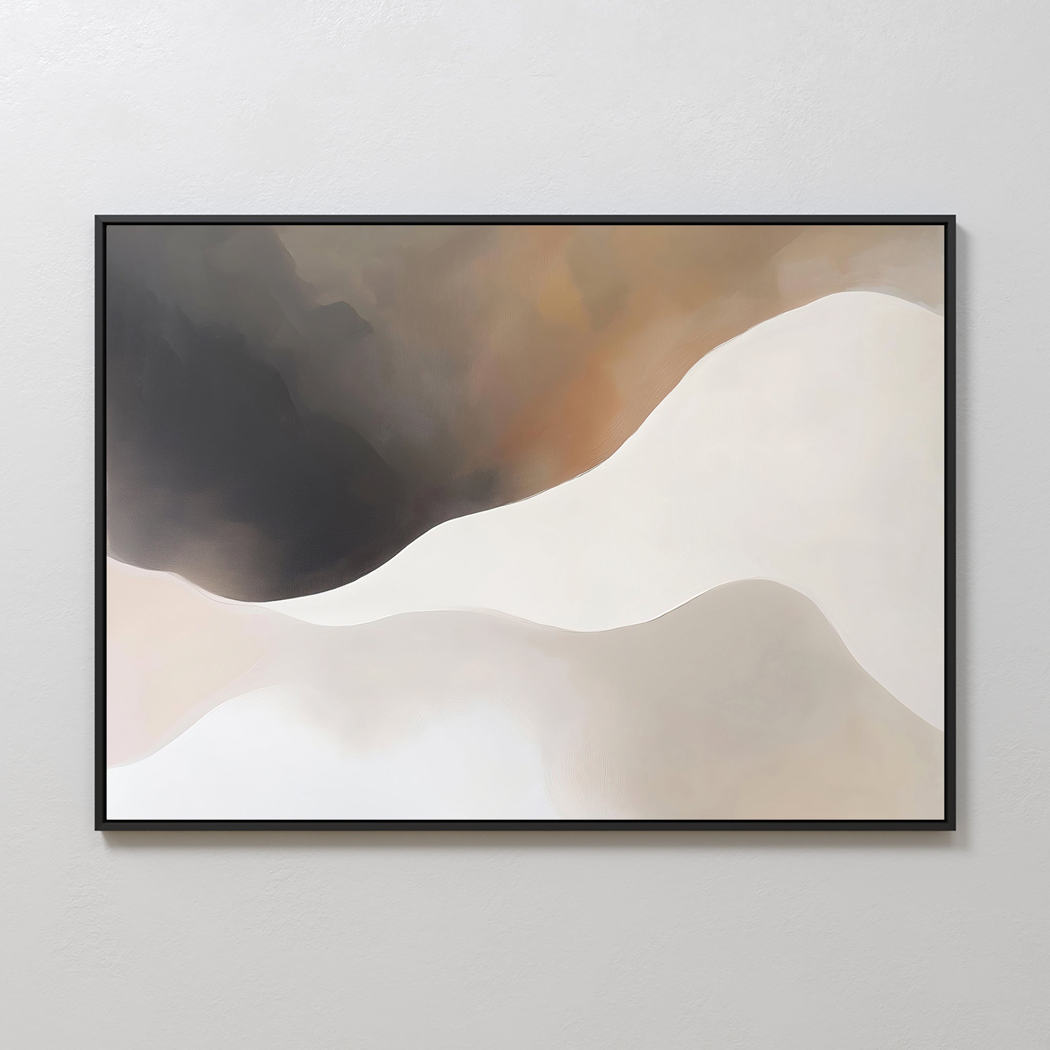 The Misty Silhouette Canvas Art – Horizontal features minimalist, flowing lines in beige, tan, brown, and black. Framed and ideal for modern living room decor, it beautifully complements a light gray wall with its soft hill-like design.
