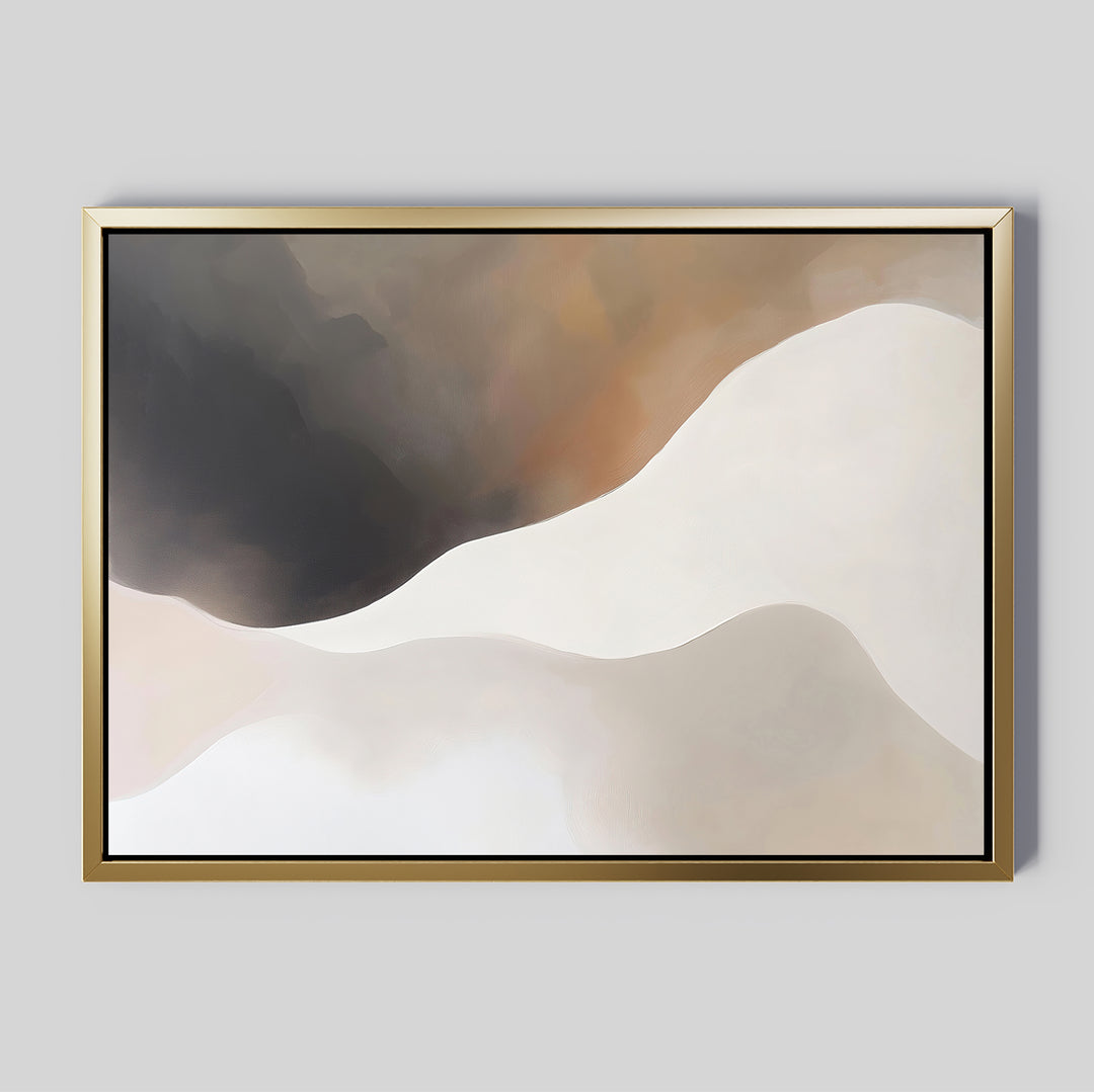 The Misty Silhouette Canvas Art – Horizontal features smooth, wavy shapes in beige, white, brown, and black. Framed in thin gold on light gray, this minimalist piece adds a soft, modern touch to living room décor.