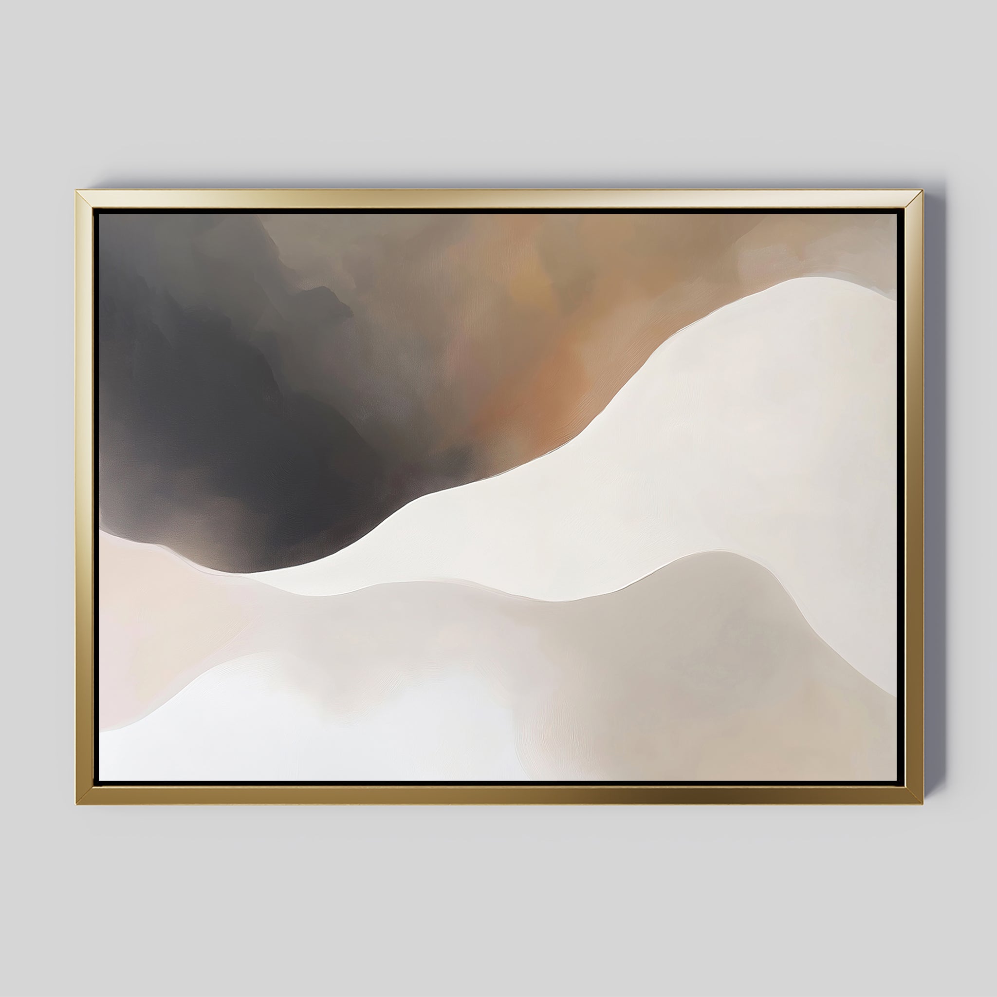 The Misty Silhouette Canvas Art – Horizontal features smooth, wavy shapes in beige, white, brown, and black. Framed in thin gold on light gray, this minimalist piece adds a soft, modern touch to living room décor.