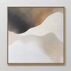 Misty Silhouette Canvas Art features abstract, soft wavy shapes in black, brown, beige, and white with a thin gold frame—ideal minimalist wall art for modern living room decor displayed on a light gray wall.