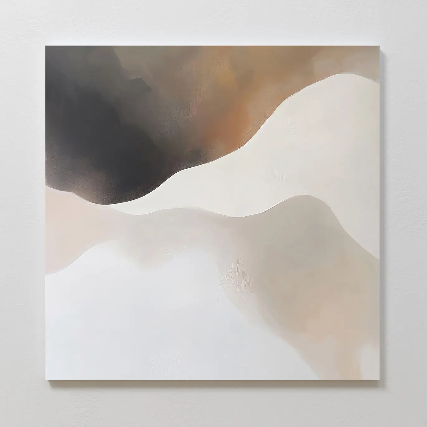 Misty Silhouette Canvas Art features smooth, flowing shapes in beige, cream, white, and dark brown, evoking minimalist sand dunes under a cloudy sky—an ideal abstract wall art piece to elevate your modern living room decor.