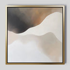 Misty Silhouette Canvas Art features soft, flowing shapes in white, beige, brown, and black with a gold frame. This minimalist abstract wall art adds a modern touch to your living room decor with its gentle wave-like forms.