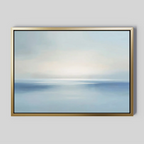 Misty Waters Canvas Art features an abstract seascape in soft blue and white tones with a subtle horizon and sunlight reflections, making it ideal as serene or minimalist wall art against a light grey background.