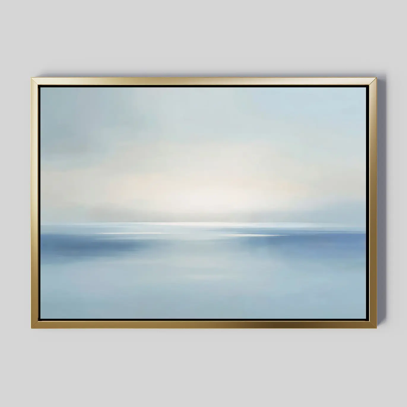 Misty Waters Canvas Art features an abstract seascape in soft blue and white tones with a subtle horizon and sunlight reflections, making it ideal as serene or minimalist wall art against a light grey background.