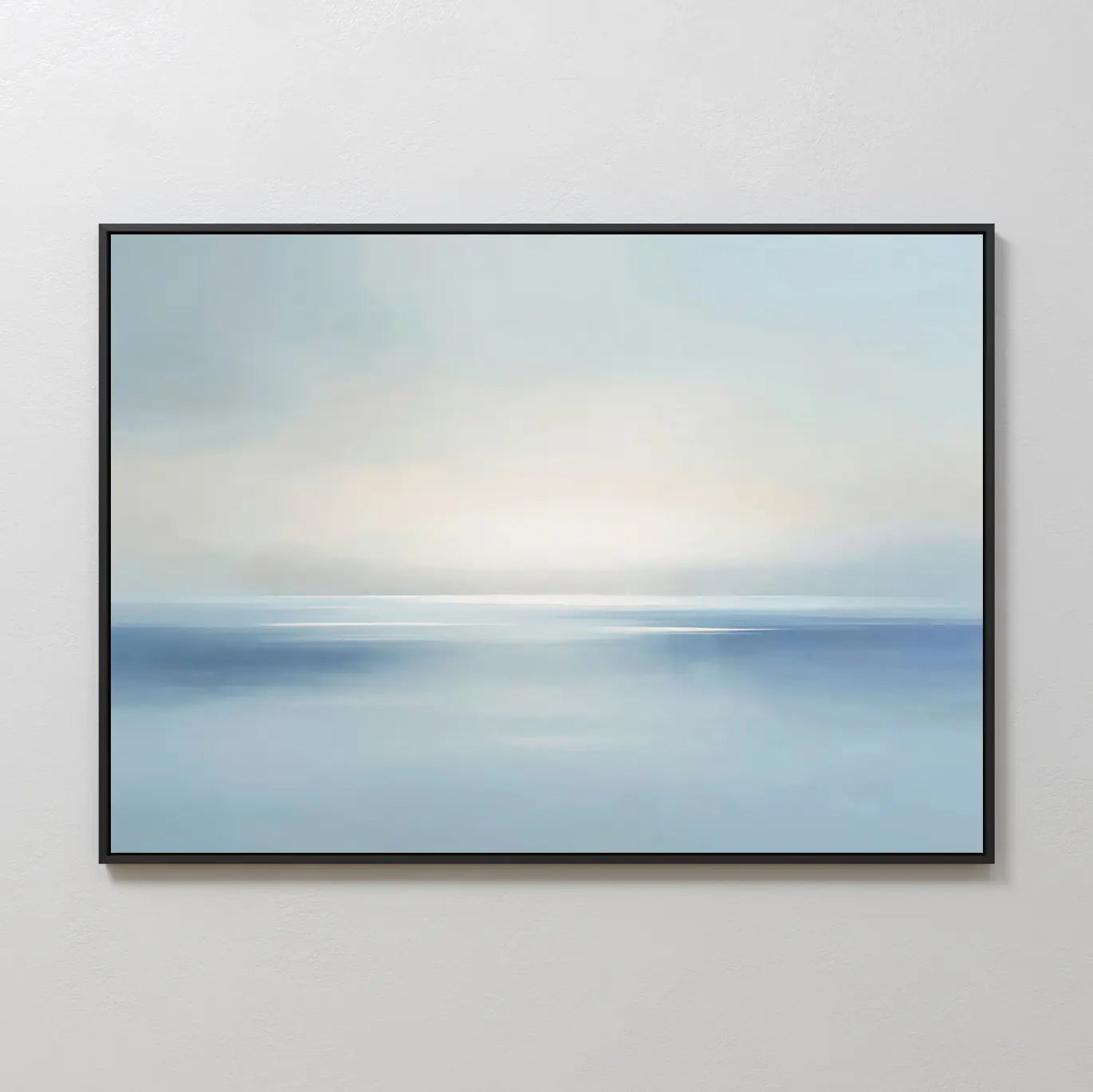 The Misty Waters Canvas Art features a serene abstract seascape in soft blue, white, and gray tones with a subtle horizon and gentle light—perfect for modern wall décor.