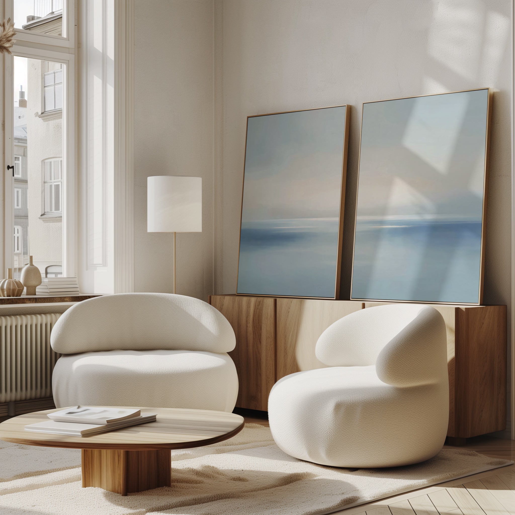 A minimalist living room with two modern white armchairs, a wooden coffee table, a floor lamp, and two Misty Waters Set of 2 abstract blue paintings leaning against a cabinet by a sunlit window.