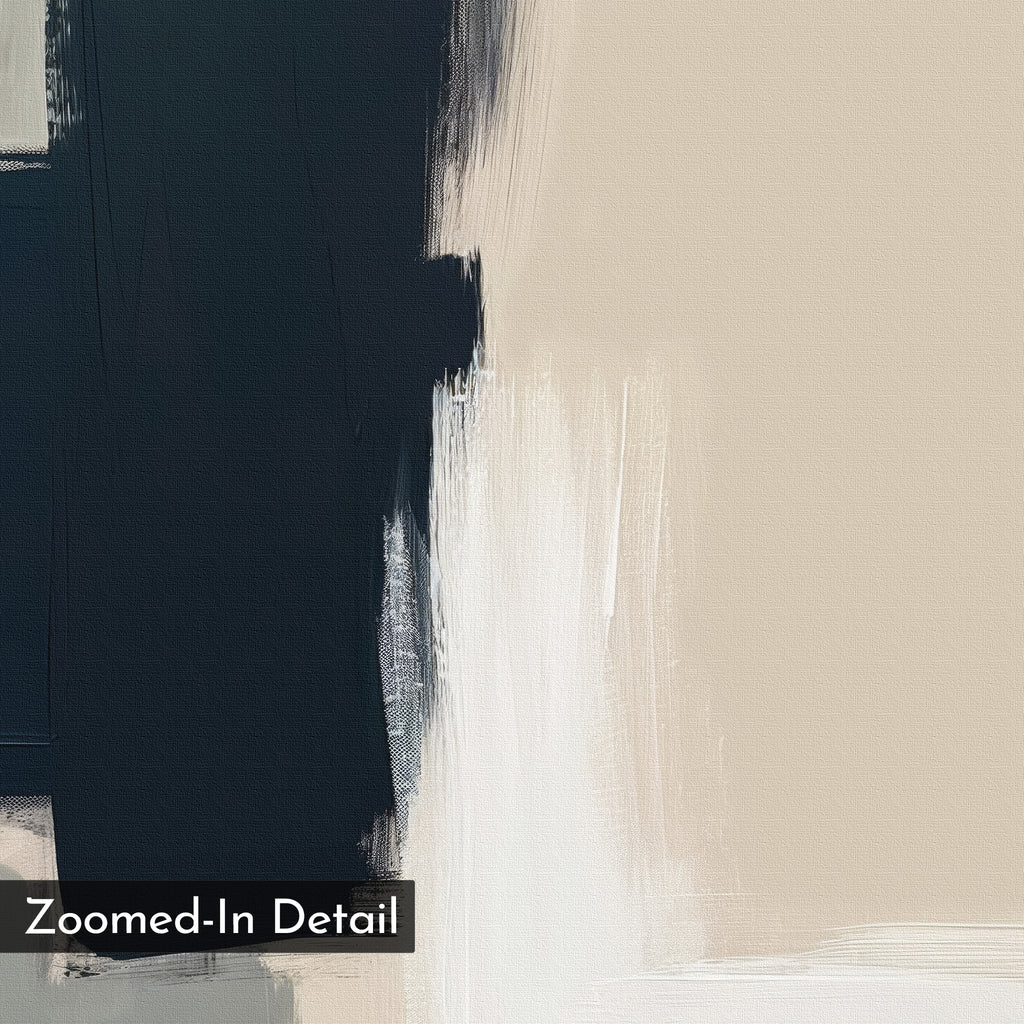 Modern Contrast Abstract Canvas Art features broad vertical brushstrokes in dark blue, cream, and white blending at the center. Minimalist wall art ideal for living room decor. “Zoomed-In Detail” text overlays at the bottom left.