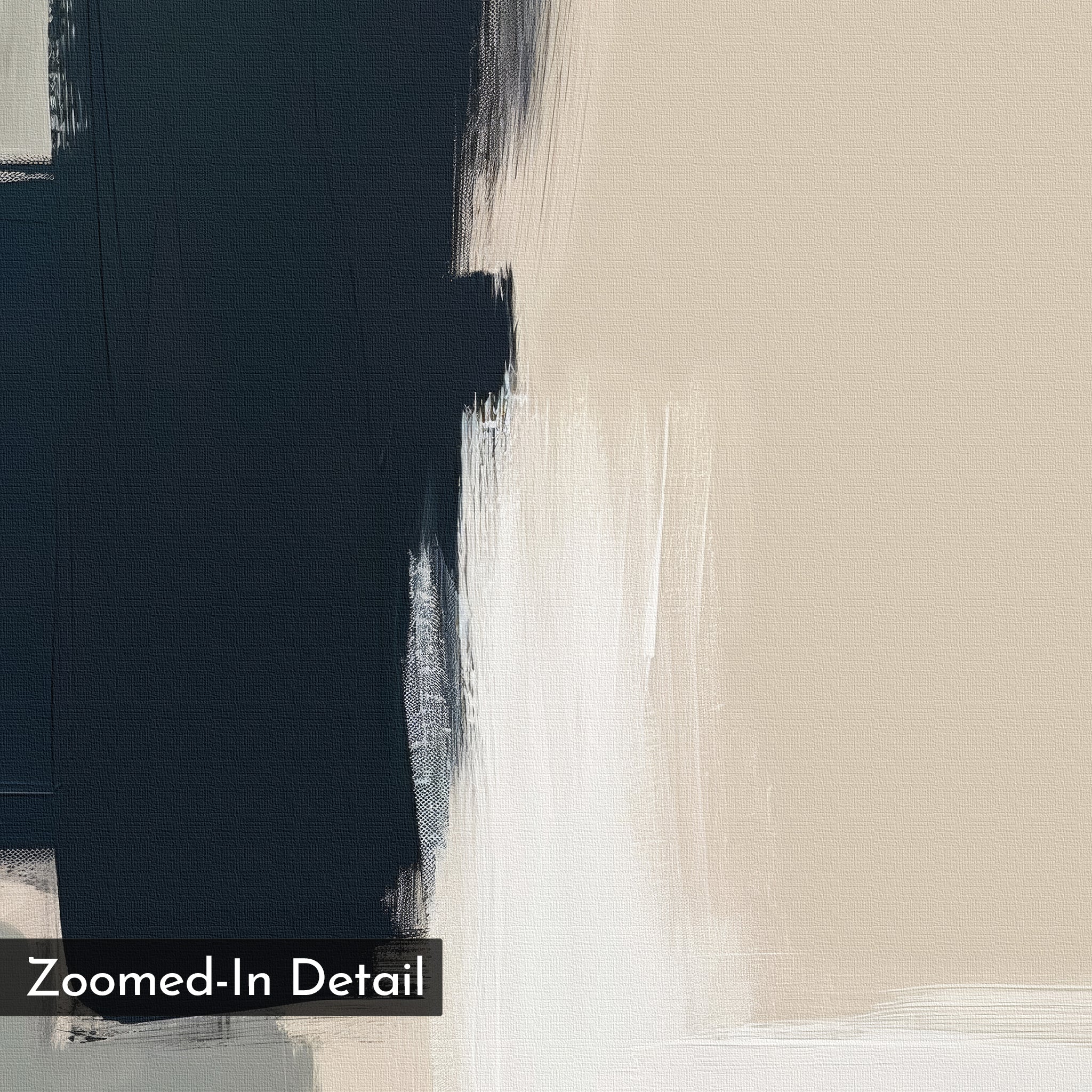 Modern Contrast Abstract Canvas Art features broad vertical brushstrokes in dark blue, cream, and white blending at the center. Minimalist wall art ideal for living room decor. “Zoomed-In Detail” text overlays at the bottom left.