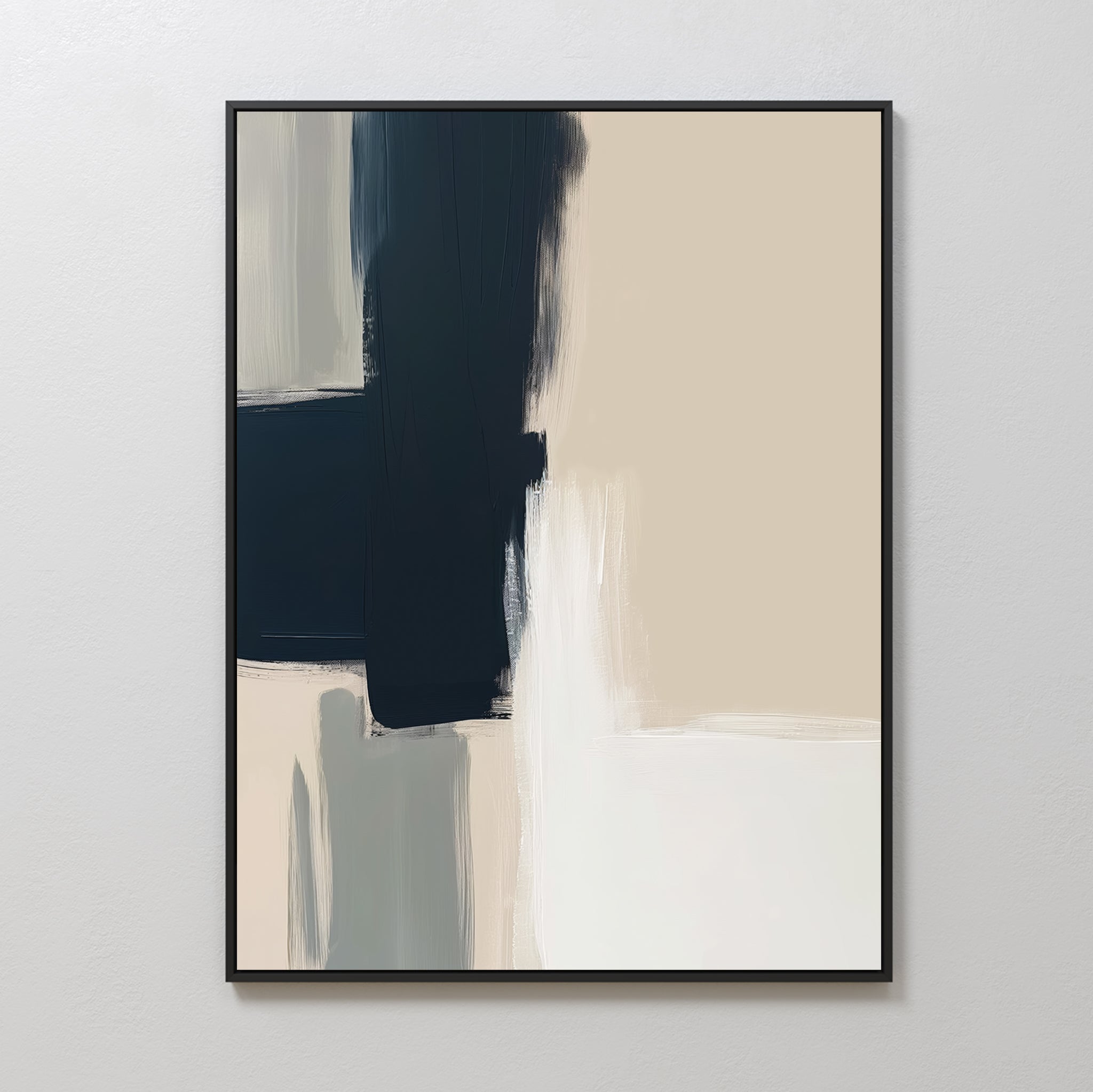 Modern Contrast Abstract Canvas Art features bold black, beige, gray, and white brushstrokes arranged vertically and horizontally. This framed piece brings a touch of Nordic Park style to any minimalist wall art collection.