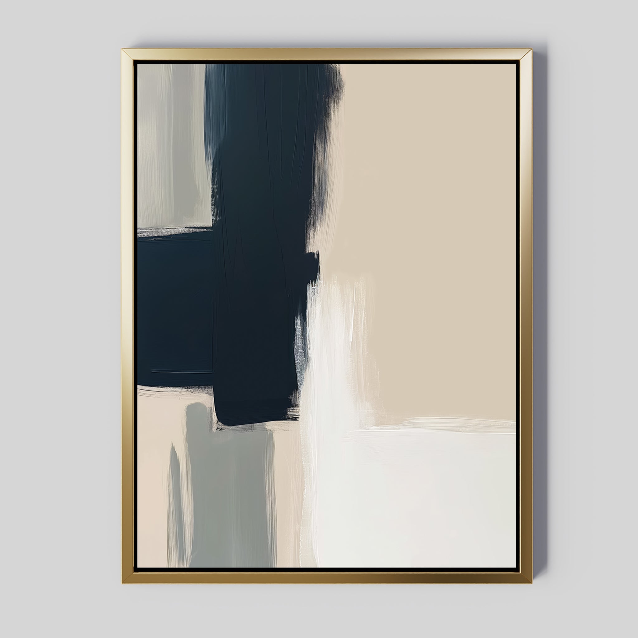 Modern Contrast Abstract Canvas Art features bold navy, beige, and white brushstrokes intersecting in a gold frame—a striking modern wall art statement against a light gray backdrop.