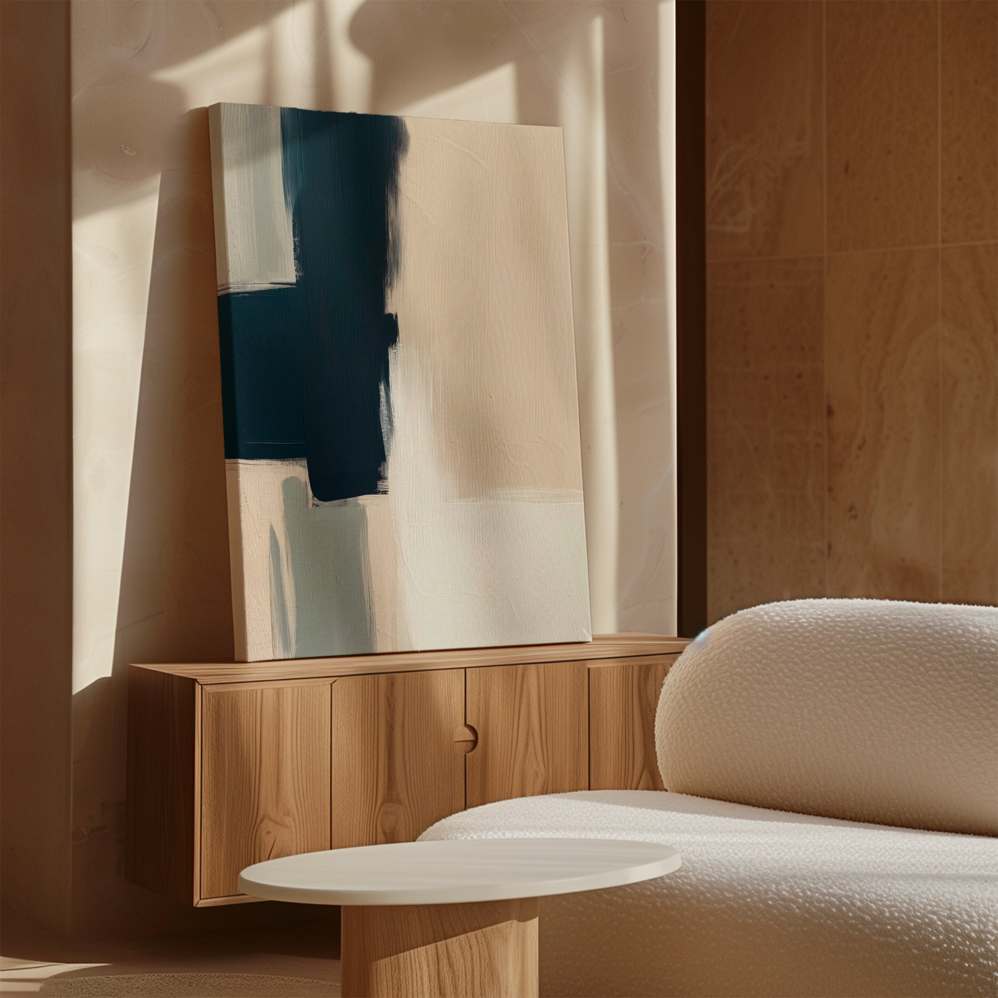 A minimal living room features light wood furniture, a curved white textured sofa, a round white coffee table, and Modern Contrast Abstract Canvas Art with bold brushstrokes leaning against the wall as sunlight streams in.