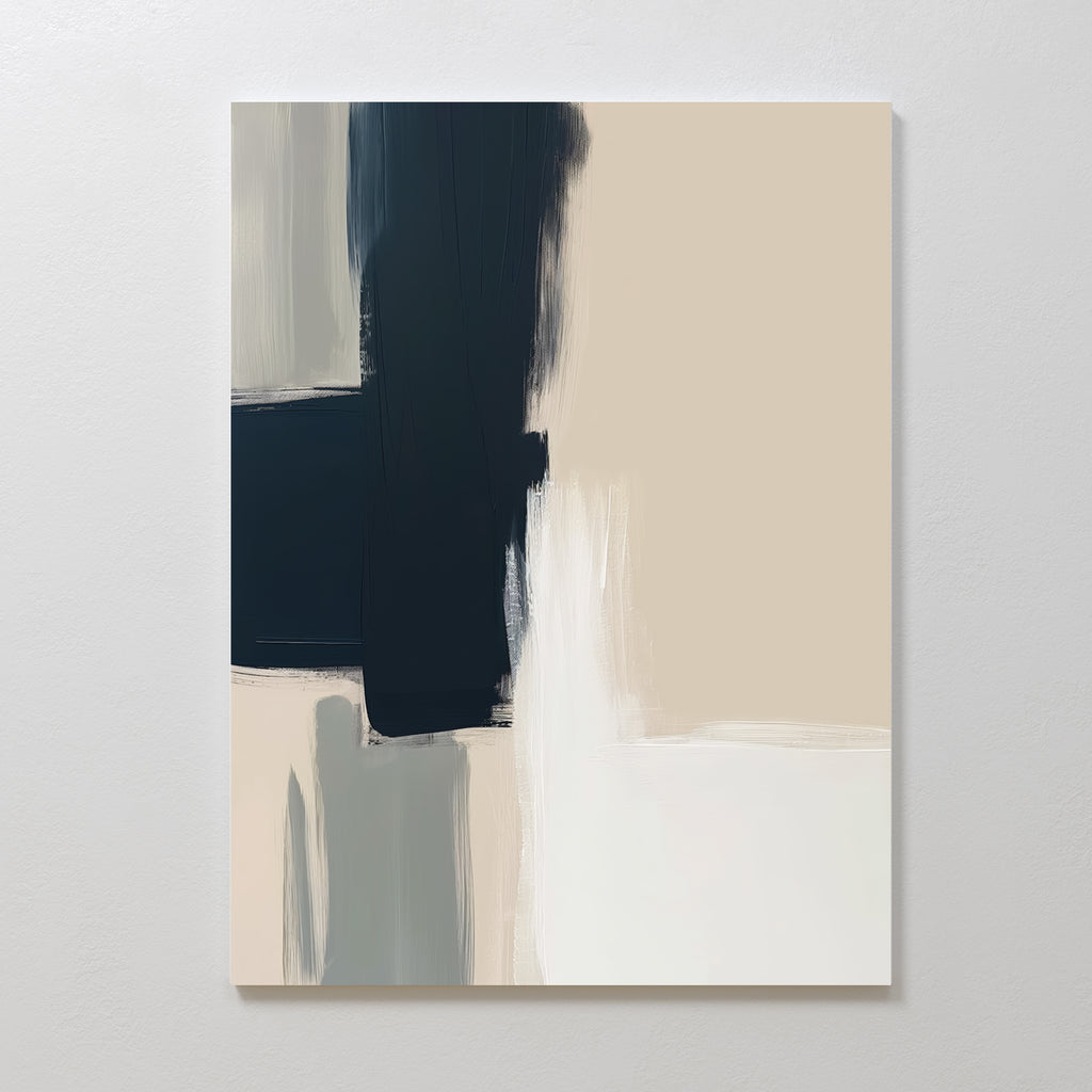 The Modern Contrast Abstract Canvas Art showcases bold black, beige, white, and gray brushstrokes on a white canvas, creating a geometric design with modern Nordic elegance when displayed on a light wall.