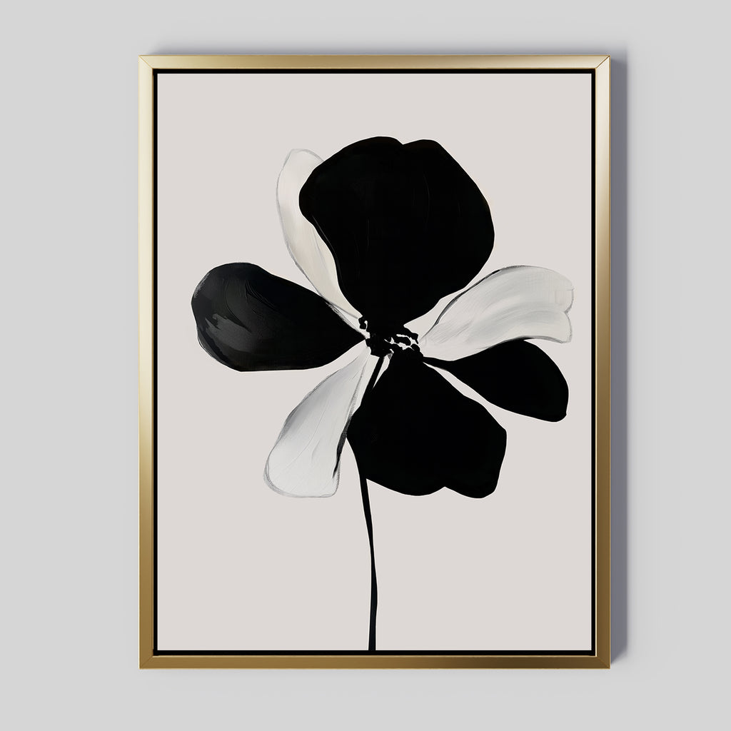 Monochrome Flora Abstract Canvas Art features a black and white floral print with large petals, a thin black stem, and light gray background in a gold frame—ideal minimalist wall art for contemporary spaces.