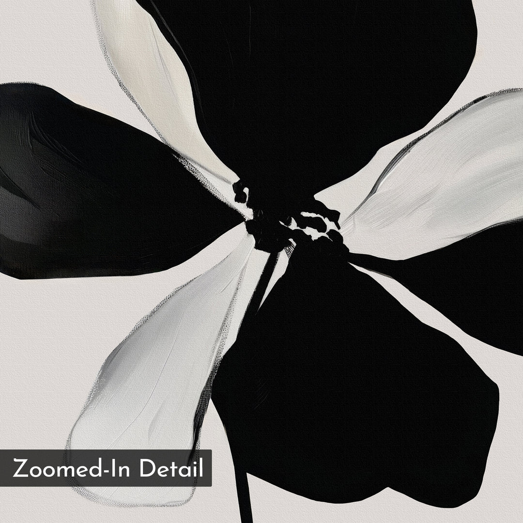 A close-up of the Monochrome Flora Abstract Canvas Art shows bold, textured black and white petals. A corner label reads Zoomed-In Detail—perfect for fans of modern wall art.