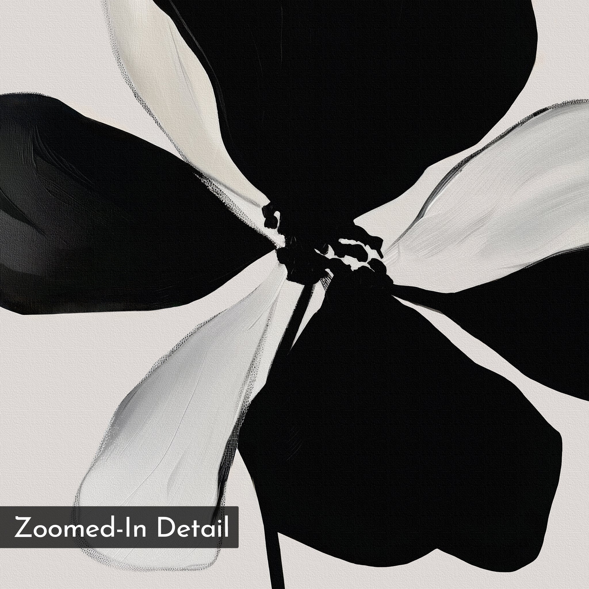 A close-up of the Monochrome Flora Abstract Canvas Art shows bold, textured black and white petals. A corner label reads Zoomed-In Detail—perfect for fans of modern wall art.