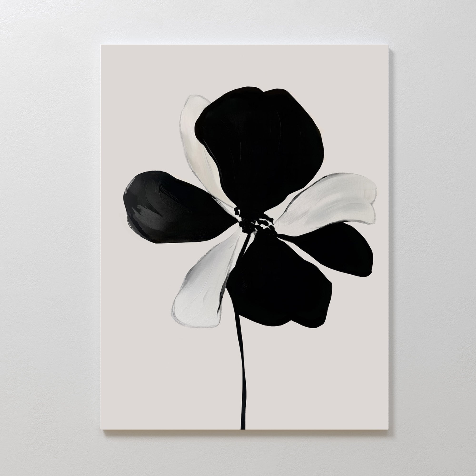 Monochrome Flora Abstract Canvas Art: A minimalist black and white flower with five large petals and a thin stem on a light gray background, showcasing modern elegance and simple style for any space.