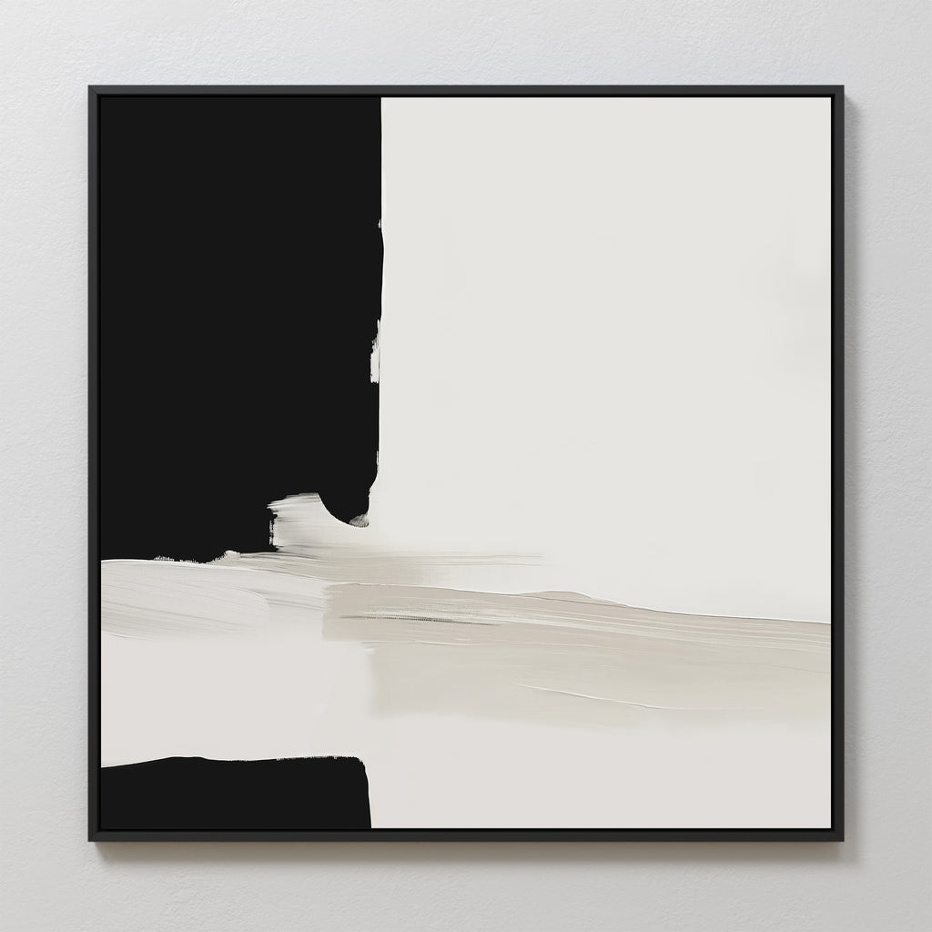 The Monochrome Harmony Abstract Canvas Art features bold black and white blocks with soft beige brushstrokes, creating a striking minimalist wall art piece perfect for modern decor.