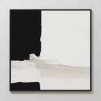 The Monochrome Harmony Abstract Canvas Art features bold black and white blocks with soft beige brushstrokes, creating a striking minimalist wall art piece perfect for modern decor.