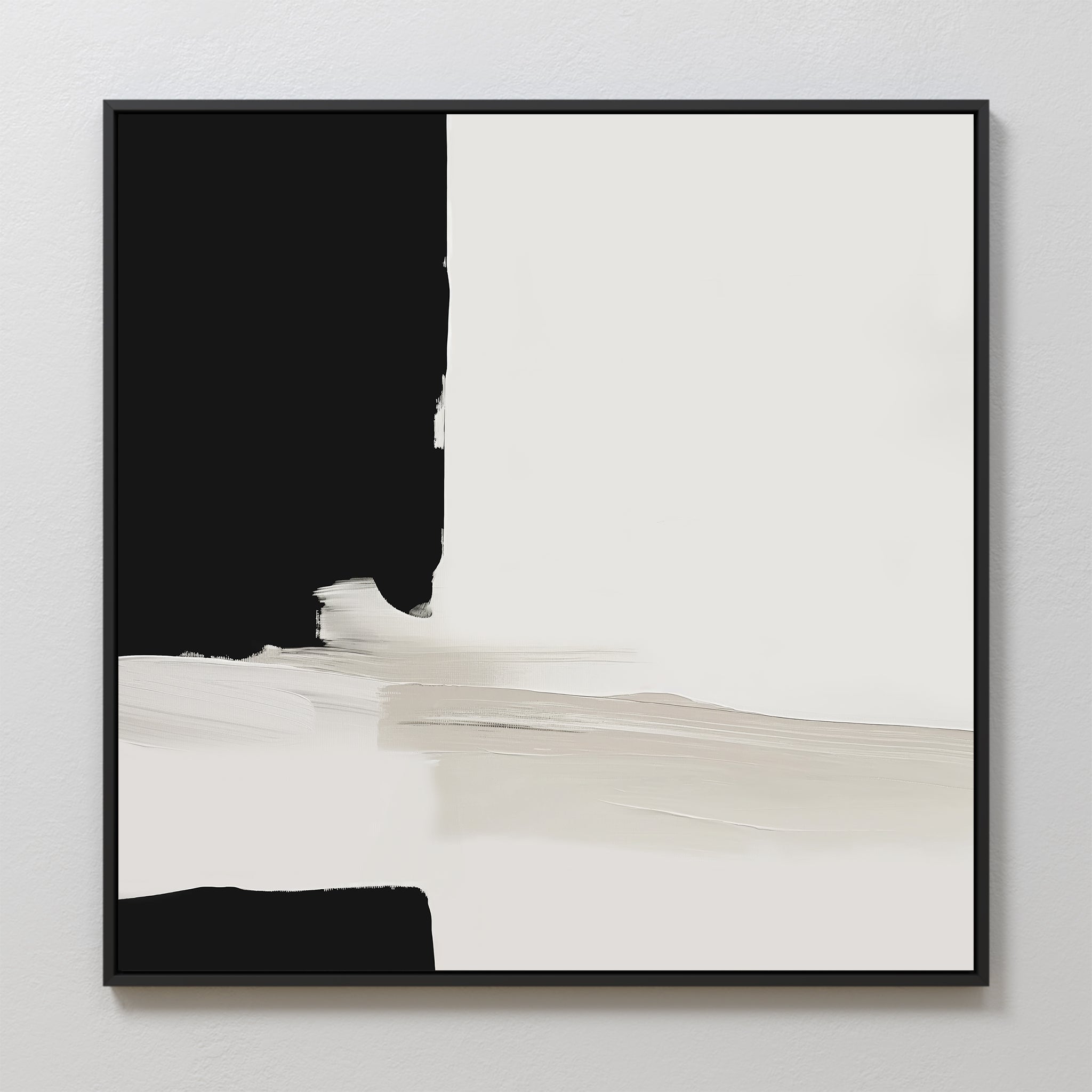The Monochrome Harmony Abstract Canvas Art features bold black and white blocks with soft beige brushstrokes, creating a striking minimalist wall art piece perfect for modern decor.