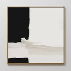 Monochrome Harmony Abstract Canvas Art features bold black and white blocks with horizontal and vertical lines, subtle beige brushstrokes, and a wooden frame—perfect modern minimalist wall decor for any space.