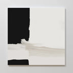 Monochrome Harmony Abstract Canvas Art features a bold black vertical section on the left, a large white area on the right, and soft beige and grey brushstrokes—minimalist wall art perfect for modern home decor.