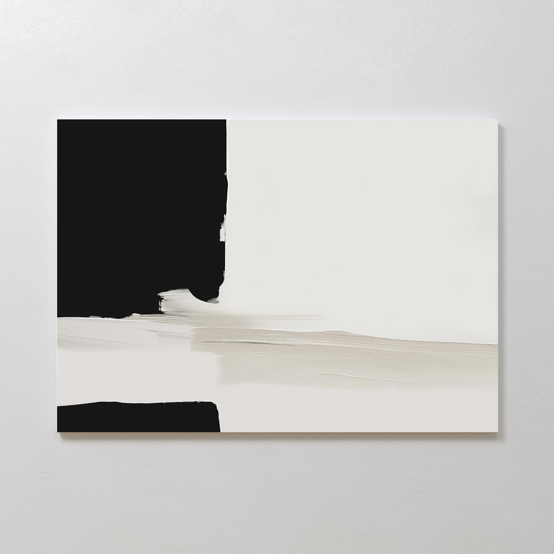Monochrome Harmony Canvas Art – Horizontal showcases large black and white blocks with soft beige brushstrokes, creating striking minimalist wall art perfect for modern spaces.