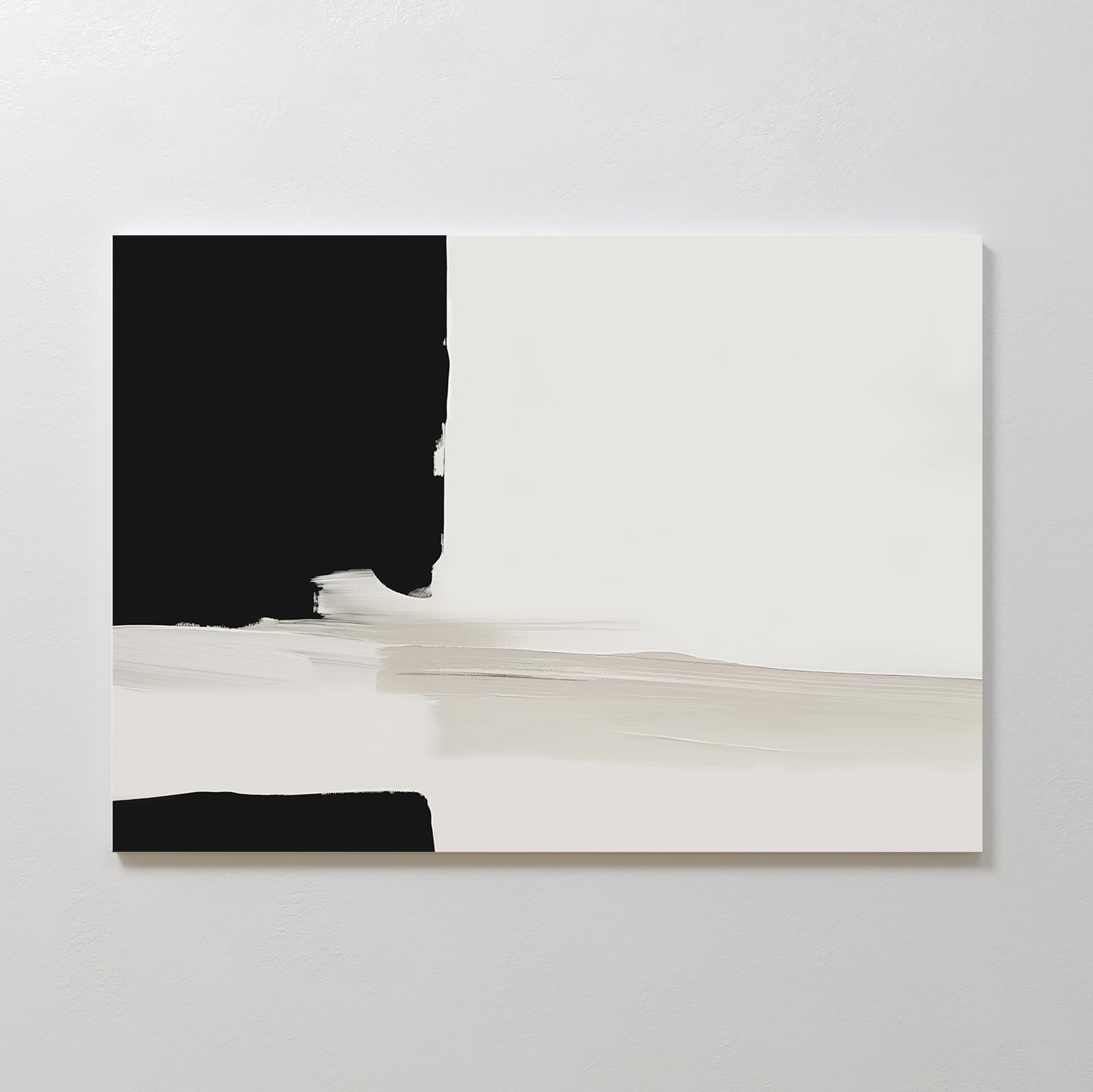 Monochrome Harmony Canvas Art – Horizontal showcases large black and white blocks with soft beige brushstrokes, creating striking minimalist wall art perfect for modern spaces.