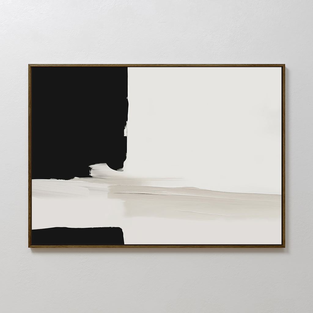 The Monochrome Harmony Canvas Art – Horizontal features minimalist wall art with a bold black block on the left, large white area on the right, and broad beige and gray brushstrokes over a crisp white background.