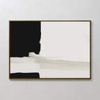 The Monochrome Harmony Canvas Art – Horizontal features minimalist wall art with a bold black block on the left, large white area on the right, and broad beige and gray brushstrokes over a crisp white background.